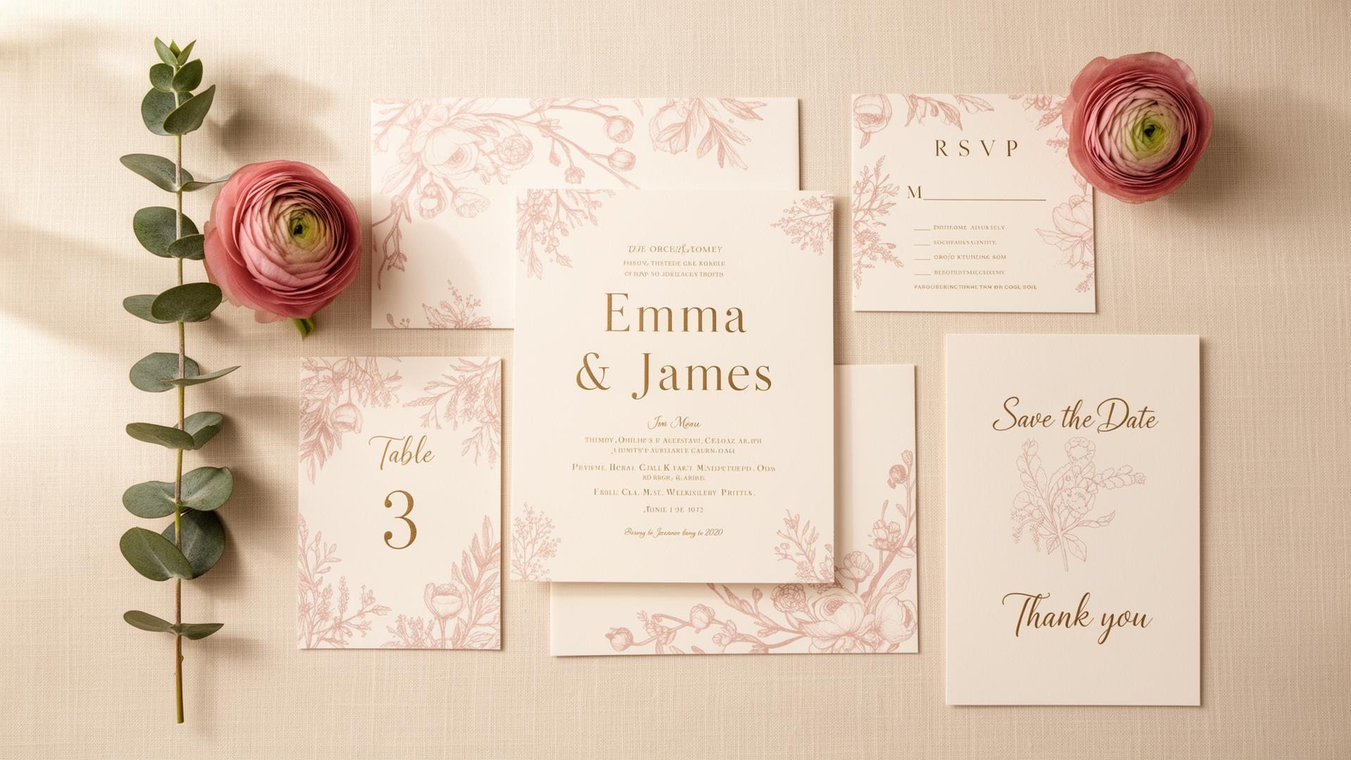 An editorial flat-lay of a wedding stationery suite — invitation, RSVP, menu, table number, save-the-date and thank-you card — in ivory, dusty rose and champagne gold.